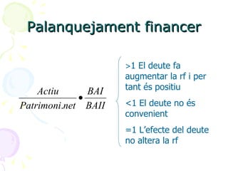 Palanquejament financer > 1 El deute fa augmentar la rf i per tant és positiu <1 El deute no és convenient =1 L’efecte del deute no altera la rf 