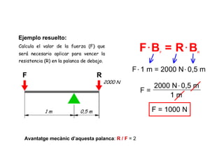 Avantatge mecànic d’aquesta palanca: R / F = 2
 