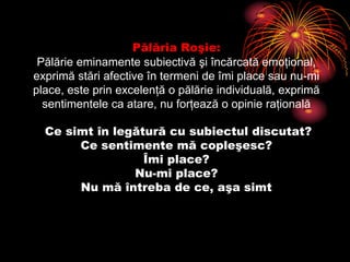 Pălăria Roşie:Pălărie eminamente subiectivă şi încărcată emoţional, exprimă stări afective în termeni de îmi place sau nu-mi place, este prin excelenţă o pălărie individuală, exprimă sentimentele ca atare, nu forţează o opinie raţională Ce simt în legătură cu subiectul discutat?Ce sentimente mă copleşesc?Îmi place?Nu-mi place?Nu mă întreba de ce, aşa simt