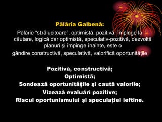 Pălăria Galbenă:Pălărie “strălucitoare”, optimistă, pozitivă, împinge la căutare, logică dar optimistă, speculativ-pozitivă, dezvoltă planuri şi împinge înainte, este o gândire constructivă, speculativă, valorifică oportunităţilePozitivă, constructivă;Optimistă;Sondează oportunităţile şi caută valorile;Vizează evaluări pozitive;Riscul oportunismului şi speculaţiei ieftine.
