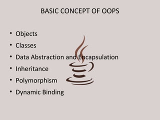 BASIC CONCEPT OF OOPS 
• Objects 
• Classes 
• Data Abstraction and Encapsulation 
• Inheritance 
• Polymorphism 
• Dynamic Binding 
 
