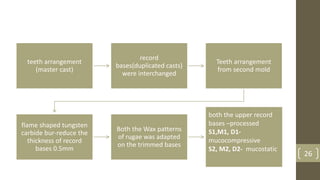 26
teeth arrangement
(master cast)
record
bases(duplicated casts)
were interchanged
Teeth arrangement
from second mold
flame shaped tungsten
carbide bur-reduce the
thickness of record
bases 0.5mm
Both the Wax patterns
of rugae was adapted
on the trimmed bases
both the upper record
bases –processed
S1,M1, D1-
mucocompressive
S2, M2, D2- mucostatic
 