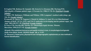 6. English WR, Robison SF, Summitt JB, Oesterle LJ, Brannon RB, Morlang WM.
Individuality of human palatal rugae. J Forensic Sci. 1988;33:718–26. [PubMed] [Google
Scholar]
7. Sadler TW. Baltimore: Williams and Wilkins; 1990. Langman’s medical embryology; pp.
316–20. [Google Scholar]
8 Amasaki H, Ogawa M, Nagasao J, Mutoh K, Ichihara N, Asari M, et al. Distributional
changes of BrdU, PCNA, E2F1 and PAL31 molecules in developing murine palatal rugae. Ann
Anat. 2003;185:517–23. [PubMed] [Google Scholar]
9. Pueyo VM, Garrido BR, Sánchez JS. Odontología legaly forense, Masson,
Barcelona. 1994;23:277–92. [Google Scholar]
10.Lysell, Plica palatinae transverseand papilla incisive in man. A morphological and genetic
study, Acta Odont. Scand. 13(1955) (Suppl. 18), p. 5-137.
11. Sassouni V. Palato print, physioprintand roentgenographic cephalometryas new methods in
human identification.
 