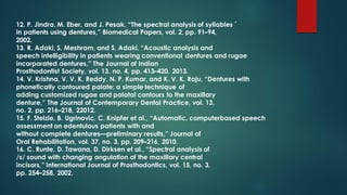 12. P. Jindra, M. Eber, and J. Pesak, “The spectral analysis of syllables ´
in patients using dentures,” Biomedical Papers, vol. 2, pp. 91–94,
2002.
13. R. Adaki, S. Meshram, and S. Adaki, “Acoustic analysis and
speech intelligibility in patients wearing conventional dentures and rugae
incorporated dentures,” The Journal of Indian
Prosthodontist Society, vol. 13, no. 4, pp. 413–420, 2013.
14. V. Krishna, V. V. K. Reddy, N. P. Kumar, and K. V. K. Raju, “Dentures with
phonetically contoured palate: a simple technique of
adding customized rugae and palatal contours to the maxillary
denture,” The Journal of Contemporary Dental Practice, vol. 13,
no. 2, pp. 216–218, 22012.
15. F. Stelzle, B. Ugrinovic, C. Knipfer et al., “Automatic, computerbased speech
assessment on edentulous patients with and
without complete dentures—preliminary results,” Journal of
Oral Rehabilitation, vol. 37, no. 3, pp. 209–216, 2010.
16. C. Runte, D. Tawana, D. Dirksen et al., “Spectral analysis of
/s/ sound with changing angulation of the maxillary central
incisors,” International Journal of Prosthodontics, vol. 15, no. 3,
pp. 254–258, 2002.
 