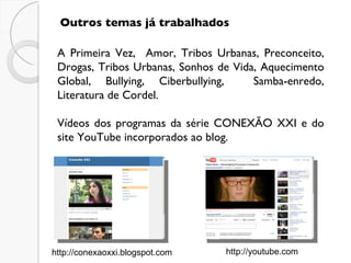 A Primeira Vez,  Amor, Tribos Urbanas, Preconceito, Drogas, Tribos Urbanas, Sonhos de Vida, Aquecimento Global, Bullying, Ciberbullying,  Samba-enredo, Literatura de Cordel. Vídeos dos programas da série CONEXÃO XXI e do site YouTube incorporados ao blog. Outros temas já trabalhados http://conexaoxxi.blogspot.com http://youtube.com 