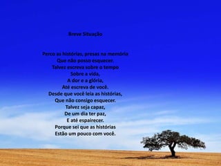 Breve Situação  Perco as histórias, presas na memóriaQue não posso esquecer.Talvez escreva sobre o tempoSobre a vida,A dor e a glória,Até escreva de você.Desde que você leia as histórias,Que não consigo esquecer.Talvez seja capaz,De um dia ter paz,E até espairecer.Porque sei que as históriasEstão um pouco com você. 
