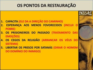 OS PONTOS DA RESTAURAÇÃO


1. CAPACITA (ELE DA A DIREÇÃO DO CAMINHO)
2. ESPERANÇA AOS MENOS FOVORECIDOS (INCLUI O
   POBRE)
3. OS PRISIONEIROS DO PASSADO (TRATAMENTO DAS
   EMOÇÕES)
4. OS CEGOS DA RELIGIÃO (ARRANCAR OS VÉUS DO
   SISTEMA)
5. LIBERTAR OS PRESOS POR SATANÁS (DIRAR O HOMEM
   DO DOMÍNIO DO INIMIGO)
 