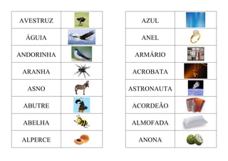 AVESTRUZ AZUL
ÁGUIA ANEL
ANDORINHA ARMÁRIO
ARANHA ACROBATA
ASNO ASTRONAUTA
ABUTRE ACORDEÃO
ABELHA ALMOFADA
ALPERCE ANONA
 