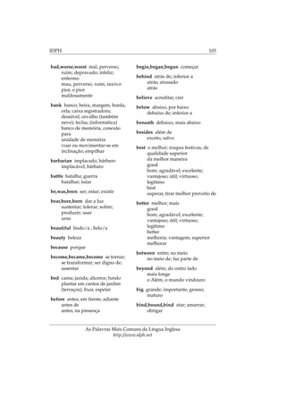 IDPH 103
bad,worse,worst mal, perverso,
ruim; depravado; infeliz;
enfermo
mau, perverso, ruim, nocivo
pior, o pior
maldosamente
bank banco; beira, margem, borda,
orla; caixa registradora;
desnível; orvalho (também
neve); teclas; (informática)
banco de memória, conexão
para
unidade de memória
voar ou movimentar-se em
inclinação; empilhar
barbarian implacado, bárbaro
implacável, bárbaro
battle batalha; guerra
batalhar; lutar
be,was,been ser; estar; existir
bear,bore,born dar a luz
sustentar; tolerar; sofrer;
produzir; usar
urso
beautiful lindo/a , belo/a
beauty beleza
because porque
become,became,become se tornar;
se transformar; ser digno de;
assentar
bed cama; jazida; alicerce; fundo
plantar em cantos de jardim
(terraços); ﬁxar, espetar
before antes; em frente; adiante
antes de
antes; na presença
begin,began,begun começar
behind atrás de; inferior a
atrás; atrasado
atrás
believe acreditar, crer
below abaixo, por baixo
debaixo de; inferior a
beneath debaixo, mais abaixo
besides além de
exceto, salvo
best o melhor; roupas festivas; de
qualidade superior
da melhor maneira
good
bom; agradável; excelente;
vantajoso; útil; virtuoso;
legítimo
best
superar, tirar melhor proveito de
better melhor; mais
good
bom; agradável; excelente;
vantajoso; útil; virtuoso;
legítimo
better
melhoria; vantagem; superior
melhorar
between entre; no meio
no meio de; faz parte de
beyond além; do outro lado
mais longe
o Além, o mundo vindouro
big grande; importante; grosso;
maturo
bind,bound,bind atar; amarrar;
obrigar
As Palavras Mais Comuns da Língua Inglesa
http://www.idph.net
 