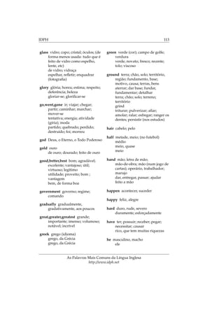 IDPH 113
glass vidro; copo; cristal; óculos; (de
forma menos usada: tudo que é
feito de vidro como espelho,
lente, etc)
de vidro; vidraça
espelhar, reﬂetir; enquadrar
(fotograﬁa)
glory glória; honra; estima; respeito;
deferência; beleza
gloriar-se; gloriﬁcar-se
go,went,gone ir; viajar; chegar;
partir; caminhar; marchar;
mover-se
tentativa; energia; atividade
(gíria); moda
partido; quebrado; perdido;
destruído; foi; morreu
god Deus, o Eterno, o Todo Poderoso
gold ouro
de ouro; dourado; feito de ouro
good,better,best bom; agradável;
excelente; vantajoso; útil;
virtuoso; legítimo
utilidade; proveito; bom ;
vantagem
bem, de forma boa
government governo; regime;
comando
gradually gradualmente,
gradativamente, aos poucos
great,greater,greatest grande;
importante; imenso; volumoso;
notável; incrível
greek grego (idioma)
grego, da Grécia
grego, da Grécia
green verde (cor); campo de golfe;
verdura
verde; novato; fresco; recente;
tolo; viscoso
ground terra; chão, solo; território,
região; fundamento, base;
motivo, causa; terras, bens
aterrar; dar base; fundar,
fundamentar; detalhar
terra; chão; solo; terreno;
território
grind
triturar; pulverizar; aﬁar;
amolar; ralar; esfregar; ranger os
dentes; persistir (nos estudos)
hair cabelo; pelo
half metade, meio; (no futebol)
médio
meio, quase
meio
hand mão; letra de mão;
mão-de-obra; mão (num jogo de
cartas); operário, trabalhador;
marujo
dar, entregar, passar; ajudar
feito a mão
happen acontecer, suceder
happy feliz, alegre
hard duro, rude, severo
duramente; esforçadamente
have ter; possuir; receber; pegar;
necessitar; causar
rico, que tem muitas riquezas
he masculino, macho
ele
As Palavras Mais Comuns da Língua Inglesa
http://www.idph.net
 