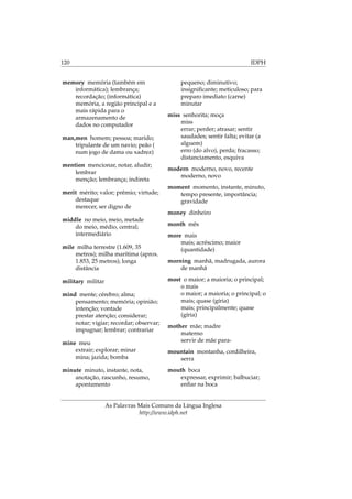 120 IDPH
memory memória (também em
informática); lembrança;
recordação; (informática)
memória, a região principal e a
mais rápida para o
armazenamento de
dados no computador
man,men homem; pessoa; marido;
tripulante de um navio; peão (
num jogo de dama ou xadrez)
mention mencionar, notar, aludir;
lembrar
menção; lembrança; indireta
merit mérito; valor; prêmio; virtude;
destaque
merecer, ser digno de
middle no meio, meio, metade
do meio, médio, central;
intermediário
mile milha terrestre (1.609, 35
metros); milha marítima (aprox.
1.853, 25 metros); longa
distância
military militar
mind mente; cérebro; alma;
pensamento; memória; opinião;
intenção; vontade
prestar atenção; considerar;
notar; vigiar; recordar; observar;
impugnar; lembrar; contrariar
mine meu
extrair; explorar; minar
mina; jazida; bomba
minute minuto, instante, nota,
anotação, rascunho, resumo,
apontamento
pequeno; diminutivo;
insigniﬁcante; meticuloso; para
preparo imediato (carne)
minutar
miss senhorita; moça
miss
errar; perder; atrasar; sentir
saudades; sentir falta; evitar (a
alguem)
erro (do alvo), perda; fracasso;
distanciamento, esquiva
modern moderno, novo, recente
moderno, novo
moment momento, instante, minuto,
tempo presente, importância;
gravidade
money dinheiro
month mês
more mais
mais; acréscimo; maior
(quantidade)
morning manhã, madrugada, aurora
de manhã
most o maior; a maioria; o principal;
o mais
o maior; a maioria; o principal; o
mais; quase (gíria)
mais; principalmente; quase
(gíria)
mother mãe; madre
materno
servir de mãe para-
mountain montanha, cordilheira,
serra
mouth boca
expressar, exprimir; balbuciar;
enﬁar na boca
As Palavras Mais Comuns da Língua Inglesa
http://www.idph.net
 