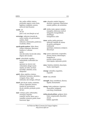 IDPH 131
são, sadio; sólido; inteiro;
profundo; seguro; certo; forte;
legítimo; completo; sonoro;
solvável; leal; honesto
south sul
do sul
para o sul, em direção ao sul
sovereign soberano (moeda de
ouro); rainha, rei, governador,
senhor, chefe
soberano, dominador, poderoso;
excelente, ótimo
speak,spoke,spoken falar; dizer;
contar; expressar; discursar;
lembrar a-; aﬁrmar
spoke
raio (de roda); travão (de roda);
degrau (de escada)
speed velocidade; rapidez;
estimulante; acelerador (no
carro)
apressar-se; mover com
velocidade; dirigir muito
rápido; ser feliz; ser bem
sucedido; adiantar; aviar;
despachar
spirit alma, espírito; criatura,
habitante; fantasma, demônio ;
coragem, força, vigor
estimular, dar energia, reforçar
stand pôr de pé; suster; sustentar;
colocar; aguentar; honrar;
manter-se; permanecer
de pé; estrado; proteção; posto
de taxi
start começo; pulo, sobressalto;
arranque; impulso
começar, iniciar; abrir; sair a
caminho; arrancar; partir; fazer
funcionar, ligar
state situação; estado; bagunça
declarar; expressar; determinar
estatal; público; de cerimônia
still ainda; mais; apesar; sempre
tranqüilo; silencioso; imóvel
fotograﬁa; tranquilidade;
alambique
tranquilizar; calar
stone pedra; pedra preciosa;
testículo; medida de massa
de pedra, pedregoso
totalmente
apedrejar, endurecer, enrijecer;
descaroçar
stop parar; estacionar; suspender;
atrasar; barrar; interromper;
hospedar-se
parada; atraso; pausa;
interrupção; repressão; ponto
story história; relatório; descrição;
ﬁcção; reportagem
strange estranho; esquésito,
esquisito
street rua; estrada
strength força; resistência, dureza;
lápide; monumento
strong forte; poderoso; vigoroso;
musculoso; indigesto
com força, fortemente
strike,struck,striken golpear; ferir;
bater; surpreender; descobrir
struck
batido, agarrado
As Palavras Mais Comuns da Língua Inglesa
http://www.idph.net
 