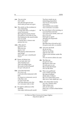 16 IDPH
you You are wise
Você é sábio
You all must get out now
Vocês todos precisam sair agora
her Her article on the evolution is
very interesting
O artigo dela sobre a evolução é
muito interessante
She forgot her book at home
Ela esqueceu o livro dela em casa
Her husband is the most lovable
man on earth
O marido dela é o homem mais
adorável da terra
who Who did it?
Quem fez isto?
Who are you
Quem é você
Who knows what tomorrow
may bring?
Quem sabe o que o amanhã pode
trazer?
all I know all about you
Eu sei tudo sobre você
All is ﬁnished now
Tudo está acabado agora
He wants it all for himself
Ele quer tudo para ele
him Give him the book
Dê o livro a ele
I arrived at the restaurant with
him
Eu cheguei ao restaurante com ele
I like him a lot
Eu gosto muito dele
I see him almost every day
Eu o vejo quase todos os dias
an An apple is delicious in the
morning
Uma maça é deliciosa pela manhã
You have made me an
interesting proposition
Você me fez uma proposta
interessante
You certainly are an idiot
Você certamente é um idiota
so You were there in the morning, so
you must have seen her
Você estava lá de manhã, então você
deve tê-la visto
Don’t get so upset!
Não ﬁque tão desapontado
So what?
E então?
She likes him a lot and so do I
Ela gosta muito dele e eu também
one Give me one book
Me dê um livro
Tell me one thing
Diga-me uma coisa
There is one monster under the
bed
Tem um monstro debaixo da cama
she She likes me
Ela gosta de mim
She knows who I am
Ela sabe quem eu sou
She is from São Paulo
Ela é de São Paulo
my This is my girlfriend
Esta é minha namorada
My idea is brilliant
Minha idéia é brilhante
My car is faster than yours
Meu carro é mais rápido que o seu
them Give them their money
Dê a eles o dinheiro deles
Talk to them now
Fale com eles agora
Don’t say a word to them before
I arrive
As Palavras Mais Comuns da Língua Inglesa
http://www.idph.net
 