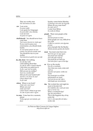 IDPH 23
They are worthy men
Eles são homens de valor
can I can swim
Eu posso nadar
I can speak ﬁve languages
Eu posso falar cinco idiomas
I can see now
Eu posso ver agora
shall/should You should never have
come here
Você nunca deveria ter vindo aqui
If you want to pass your
examination, you should study
harder
Se você quiser passar em seus
exames você deveria estudar mais
You should be nice to your
mother
Você deveria ser gentil com sua mãe
do, did, done I do nothing
Eu não faço nada
I did nothing about that
Eu não ﬁz nada a respeito daquilo
I did what you asked me to
Eu ﬁz o que você me pediu
Did you see my mother?
Você viu a minha mãe?
Did you do your homework?
Você fez o seu dever de casa?
I have done it all
Eu ﬁz tudo
where Where is my book?
Onde está o meu livro?
Where are you?
Onde você está?
I don’t know where to go now
Eu não sei para onde ir agora
to come Come here for a moment,
please
Venha aqui por um instante, por
favor
Sunday comes before Monday
O domingo vem antes da Segunda
Where do you come from?
De onde você é?
I come from Minas
Eu venho de Minas
people There were people at the
show
Haviam pessoas no show
Some people are very difﬁcult to
live with
É difícil se conviver com algumas
pessoas
Lots of people like the Beatles
Muitas pessoas gostam dos beatles
must You must come here now
Você tem que vir aqui agora
You must not visit her
Você não pode visitá-la
You must do as I tell you
Você deve fazer o que eu lhe digo
us Give us the results
Nos dê os resultados
Any time you want, come and
visit us
Quando você quiser, venha nos
visitar
You must give us all the
information we need
Você precisa nos dar toda a
informação que necessitamos
day She worked day and night for
years to become rich
Ela trabalhou dia e noite por anos
para se tornar rica
What a wonderful day!
Que dia maravilhoso!
This is the happiest day of my
entire life
Este é o dia mais feliz de toda a
minha vida
As Palavras Mais Comuns da Língua Inglesa
http://www.idph.net
 