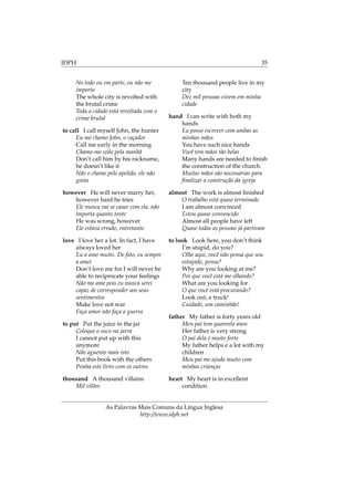 IDPH 35
No todo ou em parte, eu não me
importo
The whole city is revolted with
the brutal crime
Toda a cidade está revoltada com o
crime brutal
to call I call myself John, the hunter
Eu me chamo John, o caçador
Call me early in the morning
Chame-me cedo pela manhã
Don’t call him by his nickname,
he doesn’t like it
Não o chame pelo apelido, ele não
gosta
however He will never marry her,
however hard he tries
Ele nunca vai se casar com ela, não
importa quanto tente
He was wrong, however
Ele estava errado, entretanto
love I love her a lot. In fact, I have
always loved her
Eu a amo muito. De fato, eu sempre
a amei
Don’t love me for I will never be
able to reciprocate your feelings
Não me ame pois eu nunca serei
capaz de corresponder aos seus
sentimentos
Make love not war
Faça amor não faça a guerra
to put Put the juice in the jar
Coloque o suco na jarra
I cannot put up with this
anymore
Não aguento mais isto
Put this book with the others
Ponha este livro com os outros
thousand A thousand villains
Mil vilões
Ten thousand people live in my
city
Dez mil pessoas vivem em minha
cidade
hand I can write with both my
hands
Eu posso escrever com ambas as
minhas mãos
You have such nice hands
Você tem mãos tão belas
Many hands are needed to ﬁnish
the construction of the church
Muitas mãos são necessárias para
ﬁnalizar a construção da igreja
almost The work is almost ﬁnished
O trabalho está quase terminado
I am almost convinced
Estou quase convencido
Almost all people have left
Quase todas as pessoas já partiram
to look Look here, you don’t think
I’m stupid, do you?
Olhe aqui, você não pensa que sou
estúpido, pensa?
Why are you looking at me?
Por que você está me olhando?
What are you looking for
O que você está procurando?
Look out, a truck!
Cuidado, um caminhão!
father My father is forty years old
Meu pai tem quarenta anos
Her father is very strong
O pai dela é muito forte
My father helps e a lot with my
children
Meu pai me ajuda muito com
minhas crianças
heart My heart is in excellent
condition
As Palavras Mais Comuns da Língua Inglesa
http://www.idph.net
 