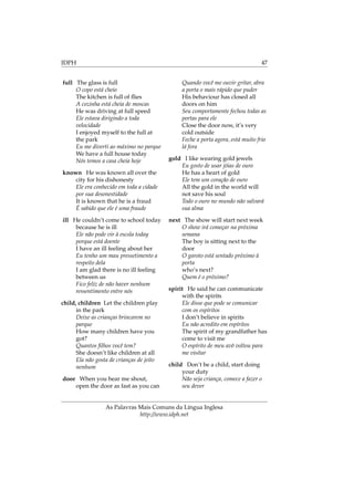 IDPH 47
full The glass is full
O copo está cheio
The kitchen is full of ﬂies
A cozinha está cheia de moscas
He was driving at full speed
Ele estava dirigindo a toda
velocidade
I enjoyed myself to the full at
the park
Eu me diverti ao máximo no parque
We have a full house today
Nós temos a casa cheia hoje
known He was known all over the
city for his dishonesty
Ele era conhecido em toda a cidade
por sua desonestidade
It is known that he is a fraud
É sabido que ele é uma fraude
ill He couldn’t come to school today
because he is ill
Ele não pode vir à escola today
porque está doente
I have an ill feeling about her
Eu tenho um mau pressetimento a
respeito dela
I am glad there is no ill feeling
between us
Fico feliz de não haver nenhum
ressentimento entre nós
child, children Let the children play
in the park
Deixe as crianças brincarem no
parque
How many children have you
got?
Quantos ﬁlhos você tem?
She doesn’t like children at all
Ela não gosta de crianças de jeito
nenhum
door When you hear me shout,
open the door as fast as you can
Quando você me ouvir gritar, abra
a porta o mais rápido que puder
His behaviour has closed all
doors on him
Seu comportamente fechou todas as
portas para ele
Close the door now, it’s very
cold outside
Feche a porta agora, está muito frio
lá fora
gold I like wearing gold jewels
Eu gosto de usar jóias de ouro
He has a heart of gold
Ele tem um coração de ouro
All the gold in the world will
not save his soul
Todo o ouro no mundo não salvará
sua alma
next The show will start next week
O show irá começar na próxima
semana
The boy is sitting next to the
door
O garoto está sentado próximo à
porta
who’s next?
Quem é o próximo?
spirit He said he can communicate
with the spirits
Ele disse que pode se comunicar
com os espíritos
I don’t believe in spirits
Eu não acredito em espíritos
The spirit of my grandfather has
come to visit me
O espírito de meu avô voltou para
me visitar
child Don’t be a child, start doing
your duty
Não seja criança, comece a fazer o
seu dever
As Palavras Mais Comuns da Língua Inglesa
http://www.idph.net
 