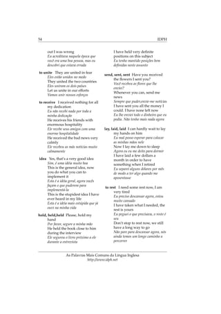 54 IDPH
out I was wrong
Eu acreditava naquela época que
você era uma boa pessoa, mas eu
descobri que estava errada
to unite They are united in fear
Eles estão unidos no medo
They united the two countries
Eles uniram os dois países
Let us unite in our efforts
Vamos unir nossos esforços
to receive I received nothing for all
my dedication
Eu não recebi nada por toda a
minha dedicação
He receives his friends with
enormous hospitality
Ele recebe seus amigos com uma
enorme hospitalidade
He received the bad news very
calmly
Ele recebeu as más notícias muito
calmamente
idea Yes, that’s a very good idea
Sim, é uma idéia muito boa
This is the general idea, now
you do what you can to
implement it
Esta é a idéia geral, agora vocês
façam o que puderem para
implementá-la
This is the stupidest idea I have
ever heard in my life
Esta é a idéia mais estúpida que já
ouvi na minha vida
hold, held,held Please, hold my
hand
Por favor, segure a minha mão
He held the book close to him
during the interview
Ele segurou o livro próximo a ele
durante a entrevista
I have held very deﬁnite
positions on this subject
Eu tenho mantido posições bem
deﬁnidas neste assunto
send, sent, sent Have you received
the ﬂowers I sent you?
Você recebeu as ﬂores que lhe
enviei?
Whenever you can, send me
news
Sempre que puder,envie-me notícias
I have sent you all the money I
could. I have none left now
Eu lhe enviei todo o dinheiro que eu
podia. Não tenho mais nada agora
lay, laid, laid I can hardly wait to lay
my hands on him
Eu mal posso esperar para colocar
as minhas mãos nele
Now I lay me down to sleep
Agora eu eu me deito para dormir
I have laid a few dollars a
month in order to have
something when I retired
Eu separei alguns dólares por mês
de modo a ter algo quando me
aposentasse
to rest I need some rest now, I am
very tired
Eu preciso descansar agora, estou
muito cansado
I have taken what I needed, the
rest is yours
Eu peguei o que precisava, o resto é
seu
Don’t stop to rest now, we still
have a long way to go
Não pare para descansar agora, nós
ainda temos um longo caminho a
percorrer
As Palavras Mais Comuns da Língua Inglesa
http://www.idph.net
 