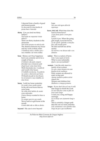 IDPH 59
I descend from a family of good
and honest people
Eu descendo de uma família de
pessas boas e honestas
thirty Can you lend me thirty
dollars?
Você pode me emprestar trinta
dólares?
There are thirty students in the
classroom
Tem trinta pessoas na sala de aula
The distance between my house
and my work is thirty miles
A distância entre a minha casa e
meu trabalho é de trinta milhas
hour Money can’t buy happiness
but it can certainly rent it for a
couple of hours.
O dinheiro não pode comprar
felicidade mas certamente pode
alugá-la por umas duas horas
Work fascinates me. I could sit
and watch it for hours.
O trabalho me fascina. Eu poderia
me sentar o observá-lo por horas
I’ll ﬁnish my job in two hours
Eu terminarei o meu trabalho em
duas horas
horse I sold my horse yesterday
Eu vendi o meu cavalo ontem
In the old west horse thieves
were hung
No velho oeste ladrões de cavalo
eram enforcados
I have always wanted to have a
horse
Eu sempre quis ter um cavalo
Never look at a gift horse in the
mouth
Cavalo dado não se olha os dentes
beyond His case is now beyond
hope
Seu caso está agora além da
esperança
leave, left, left What time does the
train to Paris leave?
A que horas parte o trem para
Paris?
Lynch’s Law: When the going
gets tough, everyone leaves.
Lei de Lynch: Quando a coisa ﬁca
feia, todo mundo parte
He died and left me all his
money
Ele morreu e me deixou todo o seu
dinheiro
nation This is a nation of heros
Esta é uma nação de heróis
What is your nationality
Qual a sua nacionalidade?
women I am the only man in a
family of ten women
Eu sou o único homem em uma
família de dez mulheres
Only women are allowed to
enter in that pub
Apenas mulheres podem entrar
naquele bar
Women and children ﬁrst
Mulheres e crianças primeiro
longer If you don’t do as I say it will
take longer to ﬁnish the work
Se você não ﬁzer como eu falo irá
levar mais tempo
I wish you a long and happy
marriage
Eu te desejo um casamento longo e
feliz
This is certainly a longer path
than the one we took yesterday
Este certamente é um caminho mais
longo do que o que escolhemos
As Palavras Mais Comuns da Língua Inglesa
http://www.idph.net
 