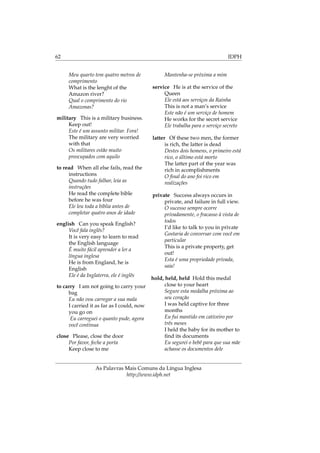 62 IDPH
Meu quarto tem quatro metros de
comprimento
What is the lenght of the
Amazon river?
Qual o comprimento do rio
Amazonas?
military This is a military business.
Keep out!
Este é um assunto militar. Fora!
The military are very worried
with that
Os militares estão muito
preocupados com aquilo
to read When all else fails, read the
instructions
Quando tudo falhar, leia as
instruções
He read the complete bible
before he was four
Ele leu toda a bíblia antes de
completar quatro anos de idade
english Can you speak English?
Você fala inglês?
It is very easy to learn to read
the English language
É muito fácil aprender a ler a
língua inglesa
He is from England, he is
English
Ele é da Inglaterra, ele é inglês
to carry I am not going to carry your
bag
Eu não vou carregar a sua mala
I carried it as far as I could, now
you go on
Eu carreguei o quanto pude, agora
você continua
close Please, close the door
Por favor, feche a porta
Keep close to me
Mantenha-se próxima a mim
service He is at the service of the
Queen
Ele está aos serviços da Rainha
This is not a man’s service
Este não é um serviço de homem
He works for the secret service
Ele trabalha para o serviço secreto
latter Of these two men, the former
is rich, the latter is dead
Destes dois homens, o primeiro está
rico, o último está morto
The latter part of the year was
rich in acomplishments
O ﬁnal do ano foi rico em
realizações
private Success always occurs in
private, and failure in full view.
O sucesso sempre ocorre
privadamente, o fracasso à vista de
todos
I’d like to talk to you in private
Gostaria de conversar com você em
particular
This is a private property, get
out!
Esta é uma propriedade privada,
saia!
hold, held, held Hold this medal
close to your heart
Segure esta medalha próxima ao
seu coração
I was held captive for three
months
Eu fui mantido em cativeiro por
três meses
I held the baby for its mother to
ﬁnd its documents
Eu segurei o bebê para que sua mãe
achasse os documentos dele
As Palavras Mais Comuns da Língua Inglesa
http://www.idph.net
 