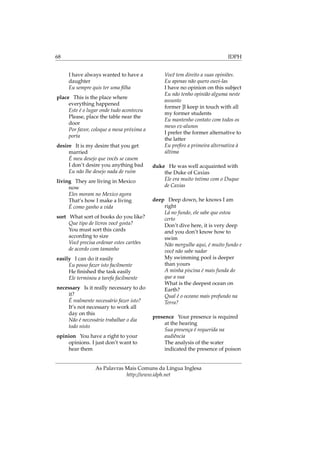 68 IDPH
I have always wanted to have a
daughter
Eu sempre quis ter uma ﬁlha
place This is the place where
everything happened
Este é o lugar onde tudo aconteceu
Please, place the table near the
door
Por favor, coloque a mesa próxima a
porta
desire It is my desire that you get
married
É meu desejo que vocês se casem
I don’t desire you anything bad
Eu não lhe desejo nada de ruim
living They are living in Mexico
now
Eles moram no Mexico agora
That’s how I make a living
É como ganho a vida
sort What sort of books do you like?
Que tipo de livros você gosta?
You must sort this cards
according to size
Você precisa ordenar estes cartões
de acordo com tamanho
easily I can do it easily
Eu posso fazer isto facilmente
He ﬁnished the task easily
Ele terminou a tarefa facilmente
necessary Is it really necessary to do
it?
É realmente necessário fazer isto?
It’s not necessary to work all
day on this
Não é necessário trabalhar o dia
todo nisto
opinion You have a right to your
opinions. I just don’t want to
hear them
Você tem direito a suas opiniões.
Eu apenas não quero ouvi-las
I have no opinion on this subject
Eu não tenho opinião alguma neste
assunto
former ]I keep in touch with all
my former students
Eu mantenho contato com todos os
meus ex-alunos
I prefer the former alternative to
the latter
Eu preﬁro a primeira alternativa à
última
duke He was well acquainted with
the Duke of Caxias
Ele era muito íntimo com o Duque
de Caxias
deep Deep down, he knows I am
right
Lá no fundo, ele sabe que estou
certo
Don’t dive here, it is very deep
and you don’t know how to
swim
Não mergulhe aqui, é muito fundo e
você não sabe nadar
My swimming pool is deeper
than yours
A minha piscina é mais funda do
que a sua
What is the deepest ocean on
Earth?
Qual é o oceano mais profundo na
Terra?
presence Your presence is required
at the hearing
Sua presença é requerida na
audiência
The analysis of the water
indicated the presence of poison
As Palavras Mais Comuns da Língua Inglesa
http://www.idph.net
 