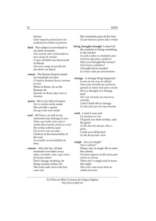 70 IDPH
lecture
Uma resposta possível para este
problema foi exibida na palestra
ﬁeld This subject is not related to
my ﬁeld of studies
Este assunto não é relacionado ao
meu campo de estudos
A new oil ﬁeld was discovered
in Macaé
Um novo campo de petróleo foi
descoberto em Macaé
roman The Roman Empire lasted
for hundreds of years
O Império Romano durou centenas
de anos
When in Rome, do as the
Romans do
Quando em Roma, faça como os
romanos
queen She is my beloved queen
Ela é a minha rainha amada
She acts like a queen
Ela age como uma rainha
soul All I have, as well as my
immortal soul, belongs to you
Tudo o que tenho, bem como a
minha alma imortal, pertence a você
He writes with his soul
Ele escreve com sua alma
I believe in the immortality of
the soul
Eu acredito na imortalidade da
alma
remain After the ﬁre, all that
remained was taken away
Após o incêndio, tudo o que restou
foi levado embora
Don’t change anything, let
things remain as they are
Não mude nada, deixa tudo ﬁcar
como está
She remained quiet all the time
Ela permaneceu quieta todo o tempo
bring, brought, brought I asked all
the students to bring something
to the teacher
Eu pedi a todos os estudantes para
trazerem algo para o professor
Have you brought the money?
Você trouxe o dinheiro?
I brought all we needed
Eu trouxe tudo que precisavamos
strange A strange thing happened
to me on my way to school
Uma coisa estranha me aconteceu
quando eu estava indo para a escola
He is a stranger in a strange
land
Ele é um estranho em uma terra
estranha
I don’t think this is strange
Eu não acho que isto seja estranho
wish I wish I were rich
Eu desejava ser rico
I’ll grant you three wishes, said
the genie
Eu lhe dou três desejos, disse o
gênio
I wish you all the best
Eu lhe desejo todo o bem
single Are you single?
Você é solteiro?
Please, stay in single ﬁle to enter
the cinema
Por favor, ﬁquem em ﬁla única para
entrar no cinema
There isn’t a single soul in town
this night
Não existe uma única alma na
cidade esta noite
As Palavras Mais Comuns da Língua Inglesa
http://www.idph.net
 