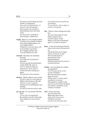 IDPH 75
Do what you like doing. Success
will be a consequence
Faça o que você gosta de fazer. O
sucesso é uma consequência
Her success was a result of
determination and very hard
work
Seu sucesso foi o resultado de
determinação e trabalho duro
bright Mary is a very bright student
A Maria é uma estudante brilhante
Turn off the lights please, it is
very bright in here
Desliguem as luzes por favor, está
muito brilhante aqui dentro
It is a bright summer day
É um dia brilhante de verão
forward His ideas are extremely
forward
Suas idéias são extremamente
avançadas
Do you see the forward button
on the VCR? Ok, press it.
Você vê o botão de avanço do
videocassete? Certo, aperte-o
I look forward to seeing you
again
Eu anseio por vê-la novamente
observe Please, observe your words
Por favor, observe as suas palavras
Observe the houses on the left
Observe as casas à esquerda
He observes everything but says
nothing
Ele observa tudo mas não diz nada
cut, cut, cut I’ve cut myself with that
knife
Eu me cortei com aquela faca
Be careful or you’ll cut the rope
Seja cuidadoso ou você cortará a
corda
If you don’t do as I say, I’ll cut
your throat
Se você não ﬁzer como eu digo, eu
cortarei o seu pescoço
line There is a line coming out of the
box
Tem uma linha saindo da caixa
Please, stand in line
Por favor, ﬁquem em ﬁla
What is your line of business?
Qual é a sa linha de negócios?
form A star was forming in the sky
Uma estrela estava se formando no
céu
It took the form of an angel
Tomou a forma de um anjo
My favourite form of
government is the
parliamentarism
Minha forma favorita de governo é
o parlamentarismo
similar Can you think of a similar
arrangement?
Você consegue pensar em um
arranjo semelhante?
My wife and I have similar
tastes in music
Minha esposa e eu temos gostos
semelhantes em música
This pattern is similar to the
ones we we have been studying
Este padrão é semelhante ao que
vinhamos estudando
later I’ll see you later
Vejo você mais tarde
Better later than never
Antes tarde do que nunca
I’ll talk to you later
Converso com você mais tarde
As Palavras Mais Comuns da Língua Inglesa
http://www.idph.net
 