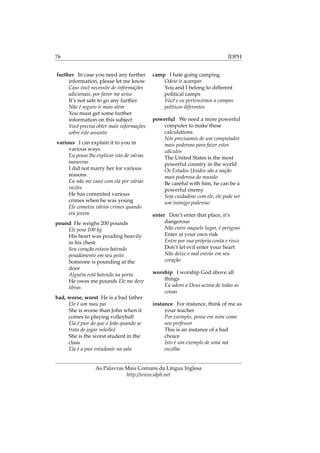 76 IDPH
further In case you need any further
information, please let me know
Caso você necessite de informações
adicionais, por favor me avise
It’s not safe to go any further
Não é seguro ir mais além
You must get some further
information on this subject
Você precisa obter mais informações
sobre este assunto
various I can explain it to you in
various ways
Eu posso lhe explicar isto de várias
maneiras
I did not marry her for various
reasons
Eu não me casei com ela por várias
razões
He has commited various
crimes when he was young
Ele cometeu vários crimes quando
era jovem
pound He weighs 200 pounds
Ele pesa 100 kg
His heart was pouding heavily
in his chest
Seu coração estava batendo
pesadamente em seu peito
Someone is pounding at the
door
Alguém está batendo na porta
He owes me pounds Ele me deve
libras
bad, worse, worst He is a bad father
Ele é um mau pai
She is worse than John when it
comes to playing volleyball
Ela é pior do que o João quando se
trata de jogar voleibol
She is the worst student in the
class
Ela é a pior estudante na sala
camp I hate going camping
Odeio ir acampar
You and I belong to different
political camps
Você e eu pertencemos a campos
políticos diferentes
powerful We need a more powerful
computer to make these
calculations
Nós precisamos de um computador
mais poderoso para fazer estes
cálculos
The United States is the most
powerful country in the world
Os Estados Unidos são a nação
mais poderosa do mundo
Be careful with him, he can be a
powerful enemy
Seja cuidadoso com ele, ele pode ser
um inimigo poderoso
enter Don’t enter that place, it’s
dangerous
Não entre naquele lugar, é perigoso
Enter at your own risk
Entre por sua própria conta e risco
Don’t let evil enter your heart
Não deixe o mal entrar em seu
coração
worship I worship God above all
things
Eu adoro a Deus acima de todas as
coisas
instance For instance, think of me as
your teacher
Por exemplo, pense em mim como
seu professor
This is an instance of a bad
choice
Isto é um exemplo de uma má
escolha
As Palavras Mais Comuns da Língua Inglesa
http://www.idph.net
 