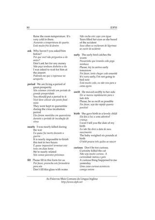 80 IDPH
Raise the room temperature. It’s
very cold in there.
Aumente a temperatura do quarto.
Está muito frio lá dentro
ask Why haven’t you asked him
before?
Por que você não perguntou a ele
antes?
Don’t ask her for any money
Não peça nenhum dinheiro a ela
I was asked to wait for him at
the airport
Pediram-me que o esperasse no
aeroporto
period We are living a period of
great prosperity
Nós estamos vivendo um período de
grande prosperidade
You should put a period to it
Você deve colocar um ponto ﬁnal
nisto
They were kept in quarantine
during the virus incubation
period
Eles foram mantidos em quarentena
durante o período de incubação do
vírus
nearly I was nearly killed during
the war
Eu quase fui morto durante a
guerra
It is nearly impossible to ﬁnish
this test in two hours
É quase impossível terminar este
teste em duas horas
We’re nearly related
Nós somos parentes próximos
ﬁll Please ﬁll in this form for us
Por favor, preencha este formulário
para nós
Don’t ﬁll this glass with water
Não encha este copo com água
Tears ﬁlled her eyes as she heard
of the accident
Seus olhos se encheram de lágrimas
ao ouvir do acidente
early The early bird catches the
worm
Passarinho que levanta cedo pega
minhoca
Please, try to arrive early
tomorrow
Por favor, tente chegar cedo amanhã
It’s very early, I’m not going to
bed now
Está muito cedo, eu não vou para a
cama agora
swift He moved swiftly to her side
Ele se moveu rapidamente para o
lado dela
Please, be as swift as possible
Por favor, seja tão rápido quanto
possível
birth She gave birth to a lovely child
Ela deu à luz a uma adorável
criança
I won’t tell you the date of my
birth
Eu não lhe direi a data de meu
nascimento
The baby weighed six pounds at
birth
O bebê pesava três quilos ao nascer
curious Don’t be too curious.
Curiosity killed the cat
Não seja muito curioso. A
curiosidade matou o gato
A curious thing happened to me
yesterday
Uma coisa curiosa aconteceu
comigo ontem
As Palavras Mais Comuns da Língua Inglesa
http://www.idph.net
 