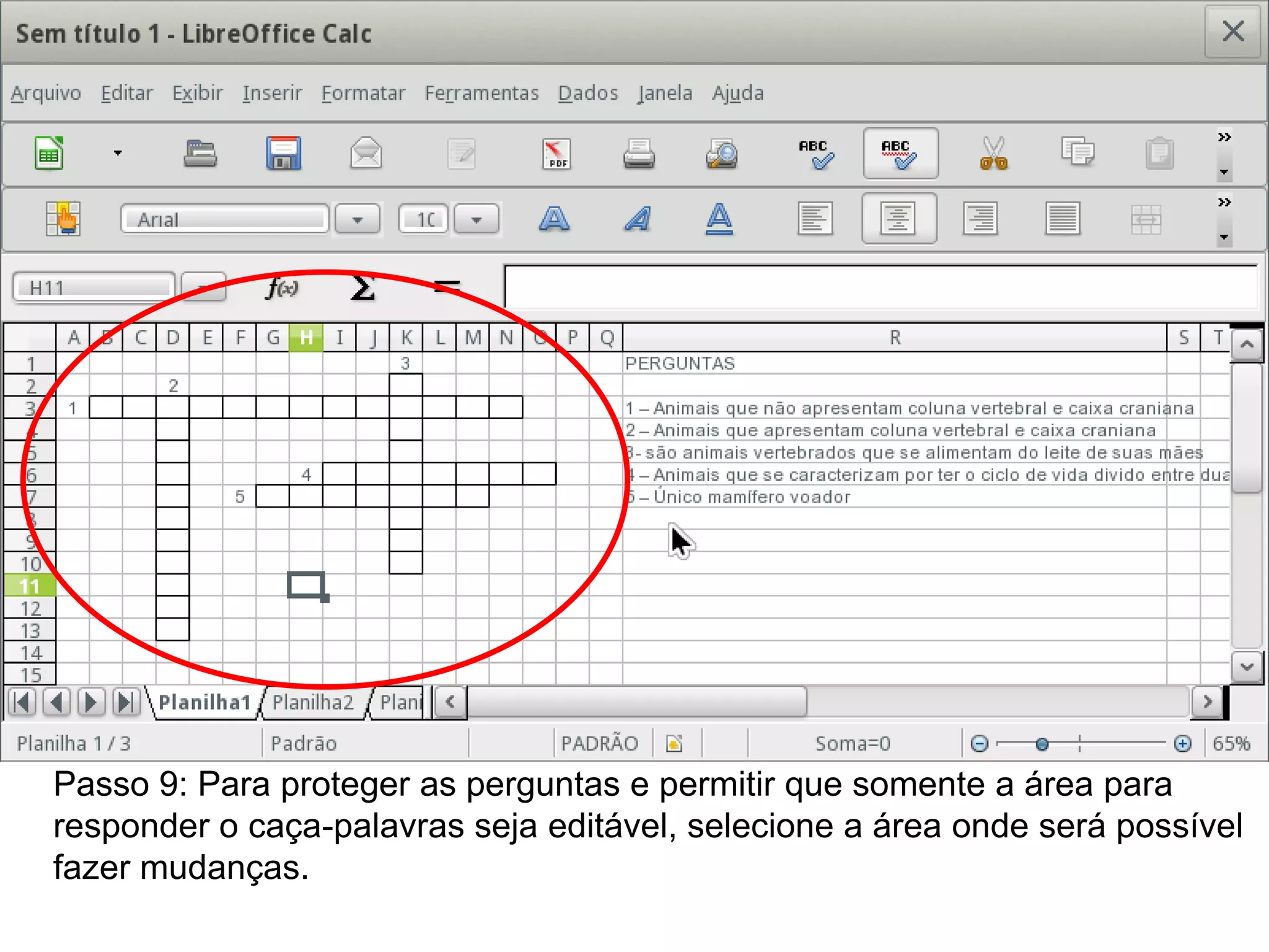 Passo 9: Para proteger as perguntas e permitir que somente a área para
responder o caça-palavras seja editável, selecione a área onde será possível
fazer mudanças.
 