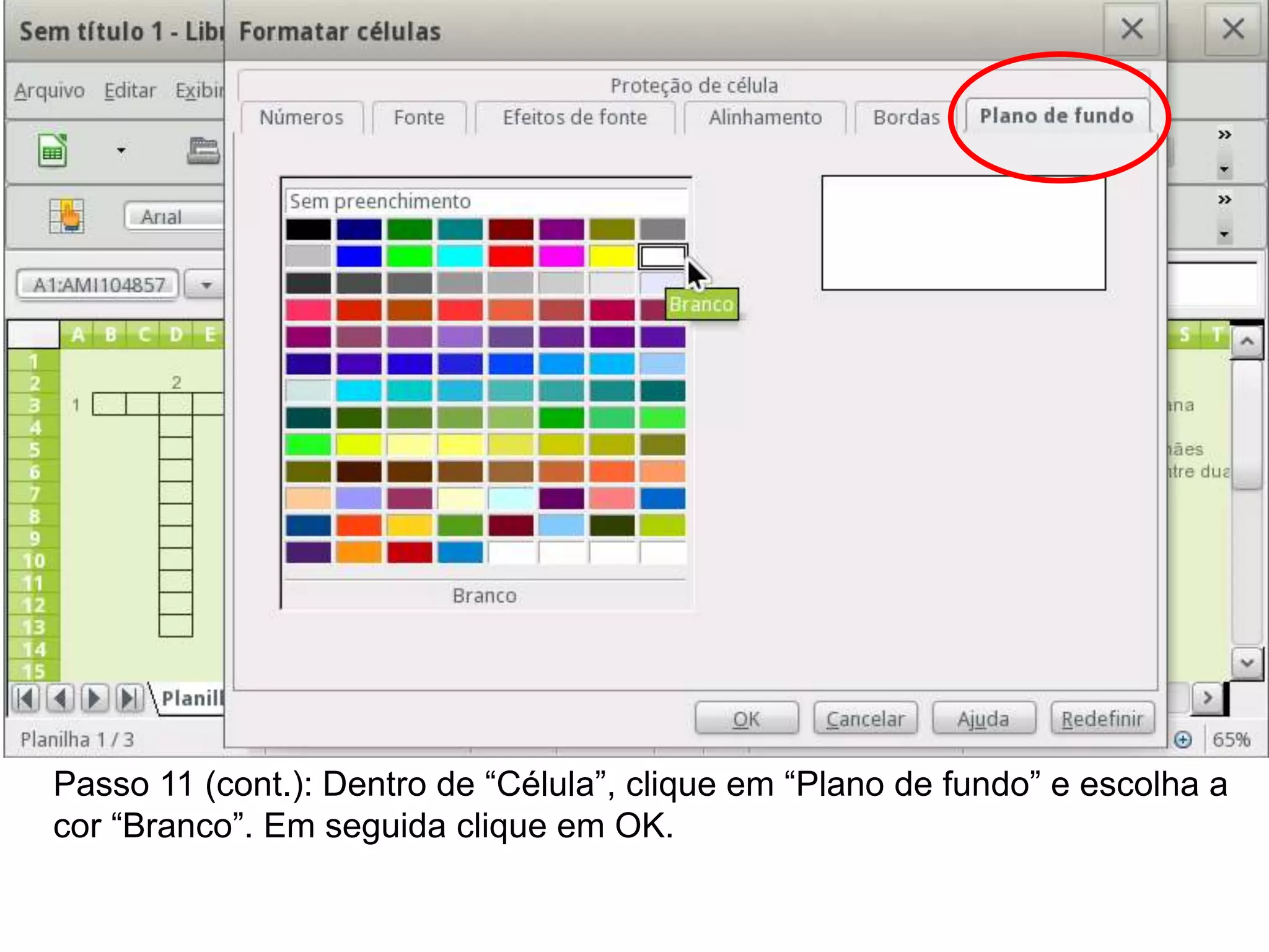 Passo 11 (cont.): Dentro de “Célula”, clique em “Plano de fundo” e escolha a
cor “Branco”. Em seguida clique em OK.
 