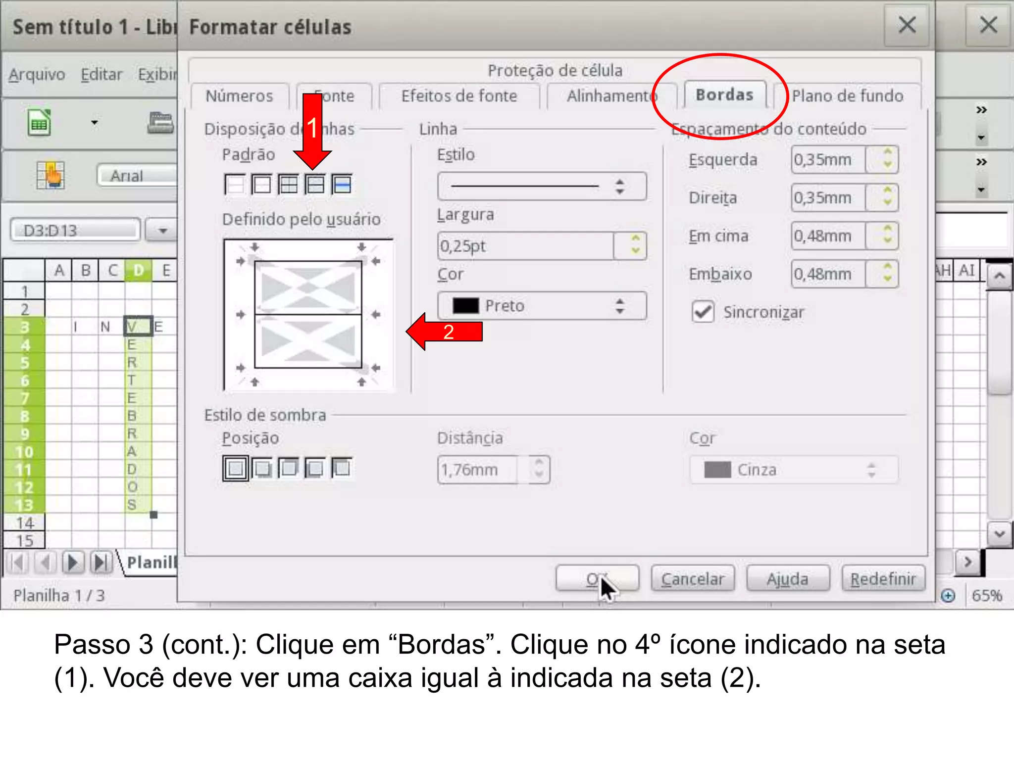 Passo 3 (cont.): Clique em “Bordas”. Clique no 4º ícone indicado na seta
(1). Você deve ver uma caixa igual à indicada na seta (2).
1
2
 