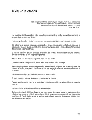 105
98 - FILHO E CENSOR
“Mas, respondendo ele, disse ao pai: “eis que te sirvo, há tantos anos,
sem nunca transgredir o teu mandamento, e nunca me deste
um cabrito para alegrar-me com meus amigos...” – Jesus
(LUCAS,15:29.)
Na parábola do filho pródigo, não encontramos somente o irmão que volta experiente e
arrependido ao convício do lar.
Nela, surge também o irmão correto, mas egoísta, remoendo censura e reclamação.
Ele observa a alegria paternal, abraçando o irmão recuperado; entretanto, reprova e
confronta. Procede como quem lastima o dever cumprido, age à feição de um homem que
desestima a própria nobreza.
É fiel aos serviços do pai; contudo, critica-lhe os gestos. Trabalha com ele; no entanto,
anseia escravizá–lo aos próprios caprichos.
Atende-lhes aos interesses, vigiando-lhe o pão e a prata.
Guarda lealdade, mergulhando-se na idéia de evidência e de herança.
Se o coração paterno demonstra grandeza de sentimento, explode em ciúme e queixa. Se
perdoa e auxilia, interpõe o merecimento de que se julga detentor, tentando limitar-lhe a
bondade.
Perde-se num misto de crueldade e carinho, sombra e luz.
É justo e injusto, terno e agressivo, companheiro e censor.
Deseja o pai somente para si, a fazenda e o direito, o equilíbrio e a tranqüilidade somente
para si.
No caminho da fé, analisa igualmente a tua atitude.
Se te sentes ligado à Esfera Superior por teus atos e diretrizes, palavras e pensamentos,
não te encarceres na vaidade de ser bom. Não te esqueças, em circunstância alguma, de
que Deus é Pai de todos, e, se te ajudou para estares com ele, é para que estejas com
ele, ajudando aos outros.
 