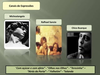 Canais de Expressões


Michealangelo

                            Rafhael Sanzio

                                                       Chico Buarque




     “Com açúcar e com afeto” - “Olhos nos Olhos” - “Teresinha” –
                “Atrás da Porta” - “ Folhetim” - “Iolanda
 