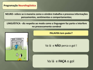 Programação Neurolingüística


 NEURO- refere se à maneira como o cérebro trabalha e processa informações
               pensamentos, sentimentos e comportamentos;

  LINGUÍSTICA - diz respeito ao modo como a linguagem faz parte e interfere
                         no processamento cerebral

                                         PALAVRA tem poder?


                           Certifique-se de acertar o máximo que você
                            Não cometa muitos erros ou você não
                                    Va lá e NÃO perca o gol !
                           puder, e você receberá uma nota excelente
                                       passaráteste!"
                                                no teste!"
                                            no



                                      Va lá e FAÇA o gol
 