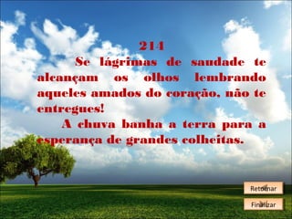 214
Se lágrimas de saudade te
alcançam os olhos lembrando
aqueles amados do coração, não te
entregues!
A chuva banha a terra para a
esperança de grandes colheitas.

Retornar
Retornar
Finalizar
Finalizar

 