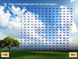 Clique numa página para ler uma mensagem.
1

33

49

65

81

97

113

129

145

161

177

193

209

235

2

18

34

50

66

82

98

114

130

146

162

178

194

210

236

3

19

35

51

67

83

99

115

131

147

163

179

195

211

237

4

20

36

52

68

84

100

116

132

148

164

180

196

212

238

5

21

37

53

69

85

101

117

133

149

165

181

197

213

239

6

22

38

54

70

86

102

118

134

150

166

182

198

214

240

7

23

39

55

71

87

103

119

135

151

167

183

199

215

fim

8

24

40

56

72

88

104

120

136

152

168

184

200

216

9

25

41

57

73

89

105

121

137

153

169

185

201

217

10

26

42

58

74

90

106

122

138

154

170

186

202

218

11

27

43

59

75

91

107

123

139

155

171

187

203

219

12

28

44

60

76

92

108

124

140

156

172

188

204

230

13

29

45

61

77

93

109

125

141

157

173

189

205

231

14

30

46

62

78

94

110

126

142

158

174

190

206

232

15

31

47

63

79

95

111

127

143

159

175

191

207

233

16

Retornar
Retornar

17

32

48

64

80

96

112

128

144

160

176

192

208

234

Finalizar
Finalizar

 