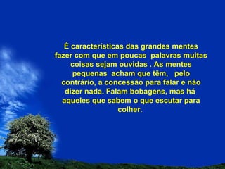 É características das grandes mentes fazer com que em poucas  palavras muitas coisas sejam ouvidas . As mentes pequenas  acham que têm,  pelo contrário, a concessão para falar e não dizer nada.  Falam bobagens, mas há  aqueles que sabem o que escutar para colher.  