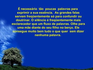 É necessário  tão  poucas  palavras para  exprimir a sua essência.  As grandes falas servem freqüentemente só para confundir ou doutrinar. O silêncio é freqüentemente mais esclarecedor que um fluxo de palavras. Olhe para uma mãe diante do seu filho no berço. Ele consegue muito bem tudo o que quer  sem dizer nenhuma palavra.  