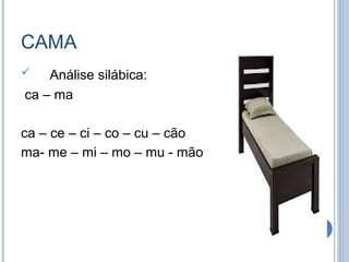 CAMA
   Análise silábica:
ca – ma

ca – ce – ci – co – cu – cão
ma- me – mi – mo – mu - mão
 