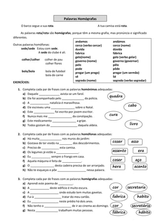 O barco segue a sua rota. A tua camisa está rota. 
As palavras rota/rota são homógrafas, porque têm a mesma grafia, mas pronúncia e significado diferentes. 
Outras palavras homófonas: 
sede/sede Estou com sede. 
A sede do clube é ali. 
colher/colher colher de pau 
colher flores 
bola/bola bola de futebol 
bola de carne 
EXERCÍCIOS: 
1. Completa cada par de frases com as palavras homónimas adequadas: 
a) Daquele _____________ avista-se um farol. 
b) Ele foi acompanhado pelo ______________ da polícia. 
c) A ____________ natalícia é maravilhosa. 
d) Ele escreveu uma _______________ sobre o Natal. 
e) Este _____________ foi escrito por jovem escritor. 
f) Nunca mais me _______________ da constipação. 
g) Este medicamento _______________ a gripe. 
h) Todos gostam do _________________ daquela aldeia. 
2. Completa cada par de frases com as palavras homófonas adequadas: 
a) Há muita______________ nos muros do jardim: 
b) Gostava de ter vivido na ________ dos descobrimentos. 
c) Preciso de ___________ esta camisa. 
d) Os legumes já estão a ______________. 
e) Eu ____________ sempre o frango em casa. 
f) Aquela máquina é feita de ____________. 
g) O _______________ desta cadeira precisa de ser arranjado. 
h) Não te esqueças e põe __________________ nessa palavra. 
3. Completa cada par de frases com as palavras homógrafas adequadas: 
a) Aprendi este poema de _________. 
b) A ____________ deste edifício é muito escura. 
c) A __________________ onde estudo tem muitas gavetas. 
d) Fui à _________________ tratar do meu cartão. 
e) Eu _________________ neste prédio há dois anos. 
f) Não tenho o _________________ de ir ao cinema ao domingo. 
g) Nesta ______________ trabalham muitas pessoas. 
Palavras Homógrafas 
andamos andámos 
cerco (verbo cercar) cerco (nome) 
duvida dúvida 
fabrica fábrica 
gelo(nome) gelo (verbo gelar) 
governo (nome) governo (governar) 
pelo pêlo 
pode pôde 
pregar (um prego) pregar (um sermão) 
sê Sé 
segredo (nome) segredo (verbo segredar) 
quadra 
cabo 
cura 
livro 
cozer asso 
assento era 
coser aço hera acento 
livro 
cor secretaria 
fabrica habito 
cor secretária fábrica hábito 
livro  