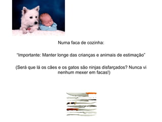 Numa faca de cozinha: “ Importante: Manter longe das crianças e animais de estimação” (Será que lá os cães e os gatos são ninjas disfarçados? Nunca vi nenhum mexer em facas!) 