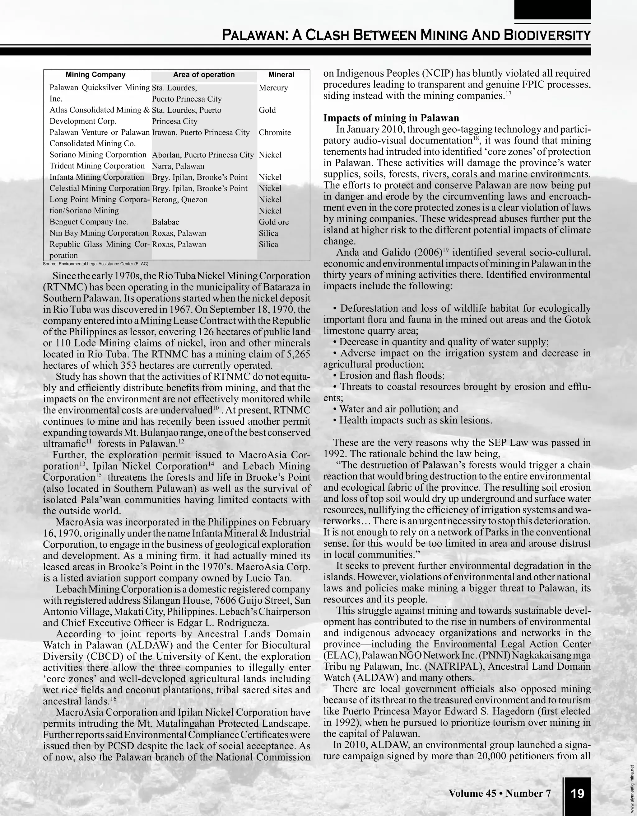 Palawan: A Clash Between Mining And Biodiversity

           Mining Company                              Area of operation     Mineral   on Indigenous Peoples (NCIP) has bluntly violated all required
   Palawan Quicksilver Mining Sta. Lourdes,                                Mercury     procedures leading to transparent and genuine FPIC processes,
   Inc.                         Puerto Princesa City                                   siding instead with the mining companies.17
   Atlas Consolidated Mining & Sta. Lourdes, Puerto                        Gold
   Development Corp.            Princesa City                                          Impacts of mining in Palawan
   Palawan Venture or Palawan Irawan, Puerto Princesa City                 Chromite        In January 2010, through geo-tagging technology and partici-
   Consolidated Mining Co.                                                             patory audio-visual documentation18, it was found that mining
   Soriano Mining Corporation Aborlan, Puerto Princesa City                Nickel      tenements had intruded into identified ‘core zones’ of protection
   Trident Mining Corporation Narra, Palawan                                           in Palawan. These activities will damage the province’s water
   Infanta Mining Corporation Brgy. Ipilan, Brooke’s Point                 Nickel      supplies, soils, forests, rivers, corals and marine environments.
   Celestial Mining Corporation Brgy. Ipilan, Brooke’s Point               Nickel      The efforts to protect and conserve Palawan are now being put
   Long Point Mining Corpora- Berong, Quezon                               Nickel      in danger and erode by the circumventing laws and encroach-
   tion/Soriano Mining                                                     Nickel      ment even in the core protected zones is a clear violation of laws
   Benguet Company Inc.         Balabac                                    Gold ore    by mining companies. These widespread abuses further put the
   Nin Bay Mining Corporation Roxas, Palawan                               Silica      island at higher risk to the different potential impacts of climate
   Republic Glass Mining Cor- Roxas, Palawan                               Silica      change.
   poration                                                                                Anda and Galido (2006)19 identified several socio-cultural,
Source: Environmental Legal Assistance Center (ELAC)                                   economic and environmental impacts of mining in Palawan in the
   Since the early 1970s, the Rio Tuba Nickel Mining Corporation                       thirty years of mining activities there. Identified environmental
(RTNMC) has been operating in the municipality of Bataraza in                          impacts include the following:
Southern Palawan. Its operations started when the nickel deposit
in Rio Tuba was discovered in 1967. On September 18, 1970, the                           • Deforestation and loss of wildlife habitat for ecologically
company entered into a Mining Lease Contract with the Republic                         important flora and fauna in the mined out areas and the Gotok
of the Philippines as lessor, covering 126 hectares of public land                     limestone quarry area;
or 110 Lode Mining claims of nickel, iron and other minerals                             • Decrease in quantity and quality of water supply;
located in Rio Tuba. The RTNMC has a mining claim of 5,265                               • Adverse impact on the irrigation system and decrease in
hectares of which 353 hectares are currently operated.                                 agricultural production;
    Study has shown that the activities of RTNMC do not equita-                          • Erosion and flash floods;
bly and efficiently distribute benefits from mining, and that the                        • Threats to coastal resources brought by erosion and efflu-
impacts on the environment are not effectively monitored while                         ents;
the environmental costs are undervalued10 . At present, RTNMC                            • Water and air pollution; and
continues to mine and has recently been issued another permit                            • Health impacts such as skin lesions.
expanding towards Mt. Bulanjao range, one of the best conserved
ultramafic11 forests in Palawan.12                                                        These are the very reasons why the SEP Law was passed in
   Further, the exploration permit issued to MacroAsia Cor-                            1992. The rationale behind the law being,
poration13, Ipilan Nickel Corporation14 and Lebach Mining                                  “The destruction of Palawan’s forests would trigger a chain
Corporation15 threatens the forests and life in Brooke’s Point                         reaction that would bring destruction to the entire environmental
(also located in Southern Palawan) as well as the survival of                          and ecological fabric of the province. The resulting soil erosion
isolated Pala’wan communities having limited contacts with                             and loss of top soil would dry up underground and surface water
the outside world.                                                                     resources, nullifying the efficiency of irrigation systems and wa-
    MacroAsia was incorporated in the Philippines on February                          terworks… There is an urgent necessity to stop this deterioration.
16, 1970, originally under the name Infanta Mineral & Industrial                       It is not enough to rely on a network of Parks in the conventional
Corporation, to engage in the business of geological exploration                       sense, for this would be too limited in area and arouse distrust
and development. As a mining firm, it had actually mined its                           in local communities.”
leased areas in Brooke’s Point in the 1970’s. MacroAsia Corp.                              It seeks to prevent further environmental degradation in the
is a listed aviation support company owned by Lucio Tan.                               islands. However, violations of environmental and other national
    Lebach Mining Corporation is a domestic registered company                         laws and policies make mining a bigger threat to Palawan, its
with registered address Silangan House, 7606 Guijo Street, San                         resources and its people.
Antonio Village, Makati City, Philippines. Lebach’s Chairperson                            This struggle against mining and towards sustainable devel-
and Chief Executive Officer is Edgar L. Rodrigueza.                                    opment has contributed to the rise in numbers of environmental
    According to joint reports by Ancestral Lands Domain                               and indigenous advocacy organizations and networks in the
Watch in Palawan (ALDAW) and the Center for Biocultural                                province—including the Environmental Legal Action Center
Diversity (CBCD) of the University of Kent, the exploration                            (ELAC), Palawan NGO Network Inc. (PNNI) Nagkakaisang mga
activities there allow the three companies to illegally enter                          Tribu ng Palawan, Inc. (NATRIPAL), Ancestral Land Domain
‘core zones’ and well-developed agricultural lands including                           Watch (ALDAW) and many others.
wet rice fields and coconut plantations, tribal sacred sites and                          There are local government officials also opposed mining
ancestral lands.16                                                                     because of its threat to the treasured environment and to tourism
    MacroAsia Corporation and Ipilan Nickel Corporation have                           like Puerto Princesa Mayor Edward S. Hagedorn (first elected
permits intruding the Mt. Matalingahan Protected Landscape.                            in 1992), when he pursued to prioritize tourism over mining in
Further reports said Environmental Compliance Certificates were                        the capital of Palawan.
issued then by PCSD despite the lack of social acceptance. As                             In 2010, ALDAW, an environmental group launched a signa-
of now, also the Palawan branch of the National Commission                             ture campaign signed by more than 20,000 petitioners from all
                                                                                                                                                             www.alyansatigilmina.net




                                                                                                                      Volume 45 • Number 7          19
 