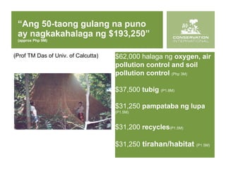 “ Ang 50-taong gulang na puno ay nagkakahalaga ng $193,250”  (approx Php 9M) (Prof TM Das of Univ. of Calcutta) $62,000 halaga ng  oxygen, air pollution control and soil pollution control  (Php 3M) $37,500  tubig  (P1.8M) $31,250  pampataba ng lupa  (P1.5M) $31,200  recycles (P1.5M) $31,250   tirahan/habitat   (P1.5M) 