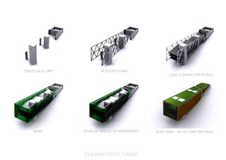 estructura de H°a°              reticulado plano
                                                                    losas construcción en seco




     vidrio          pasarelas, servicio de mantenimiento   techo verde piel de chapa perforada




                     esquemas estructurales
 