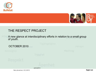 THE RESPECT PROJECT
A new glance at interdisciplinary efforts in relation to a small group
of youth.

OCTOBER 2010




                                   sat/mai2012
    Navn på seminar / 23.10.2012
 