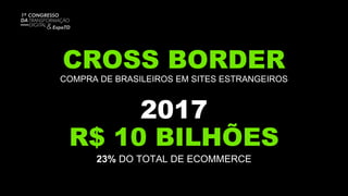 2017
CROSS BORDER
R$ 10 BILHÕES
23% DO TOTAL DE ECOMMERCE
COMPRA DE BRASILEIROS EM SITES ESTRANGEIROS
 