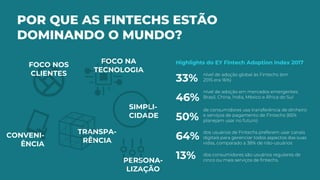 POR QUE AS FINTECHS ESTÃO
DOMINANDO O MUNDO?
Highlights do EY Fintech Adoption Index 2017
33%
46%
50%
64%
13%
nível de adoção global às Fintechs (em
2015 era 16%)
nível de adoção em mercados emergentes:
Brasil, China, Índia, México e África do Sul
de consumidores usa transferência de dinheiro
e serviços de pagamento de Fintechs (65%
planejam usar no futuro)
dos usuários de Fintechs preferem usar canais
digitais para gerenciar todos aspectos das suas
vidas, comparado a 38% de não-usuários
dos consumidores são usuários regulares de
cinco ou mais serviços de fintechs.
FOCO NOS
CLIENTES
FOCO NA
TECNOLOGIA
SIMPLI-
CIDADE
CONVENI-
ÊNCIA
TRANSPA-
RÊNCIA
PERSONA-
LIZAÇÃO
 