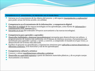  Iniciarse en el conocimiento de los objetos del entorno y del espacio (manipulación y exploración)
para poder actuar de forma acorde a su utilidad.
.
 Competencia en el tratamiento de la información y competencia digital.
 Descubrir la utilidad de las nuevas tecnologías en los aprendizajes, como fuente de información y
comunicación (PDI, internet,CD..)
 Iniciarles en el uso del ordenador (Proyecto acercamiento a las nuevas tecnologías).
 Competencia para aprender a aprender:
 Desarrollar habilidades y destrezas (procedimientos) necesarias para desenvolverse con soltura, y
progresivamente de manera más autónoma, en el manejo de distintos recursos y herramientas que
necesitarán para aprender a pensar, a sentir, a convivir, a comprender el mundo en el que viven, y a
desenvolverse de la forma más adecuada.
 Facilitar el apoyarse en aprendizajes y experiencias anteriores para aplicarlas a nuevas situaciones y a
diferentes contextos. (Uso funcional y real de los aprendizajes)
 Competencia cultural y artística:
 Conocer y valorar manifestaciones culturales y artísticas
 Desarrollar su capacidad expresiva a partir de distintos materiales plásticos, y de su propio cuerpo
 Acercamiento a la música

Competencia en el conocimiento y la interacción con el mundo físico:
 