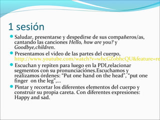 1 sesión
Saludar, presentarse y despedirse de sus compañeros/as,
cantando las canciones Hello, how are you? y
Goodbye,children.
Presentamos el video de las partes del cuerpo,
http://www.youtube.com/watch?v=whcGZobhcQU&feature=re
Escuchan y repiten para luego en la PDI,relacionar
segmentos con su pronunciaciónes.Escuchamos y
realizamos órdenes: “Put one hand on the head”, “put one
finger on the leg”,...
Pintar y recortar los diferentes elementos del cuerpo y
construir su propia careta. Con diferentes expresiones:
Happy and sad.
 