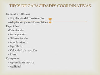 TIPOS DE CAPACIDADES COORDINATIVAS 
Generales o Básicas 
- Regulación del movimiento. 
-Adaptación y cambios motrices. 
Especiales 
-Orientación 
- Anticipación 
- Diferenciación 
- Acoplamiento 
- Equilibrio 
- Velocidad de reacción 
- Ritmo 
Complejas 
- Aprendizaje motriz 
- Agilidad 
 
 